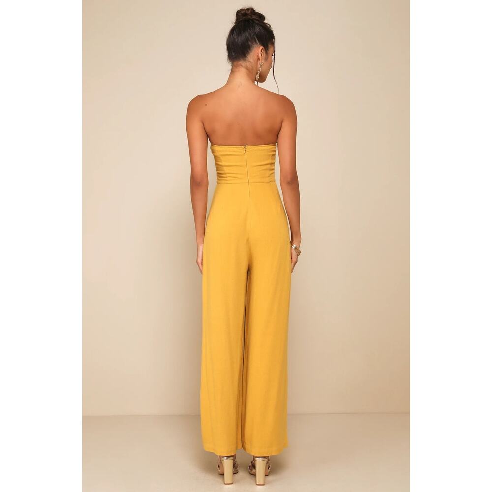 NEW Lulus Breezy Essential Mustard Yellow Linen Wide-Leg Lightweight Jumpsuit M - Picture 2 of 9